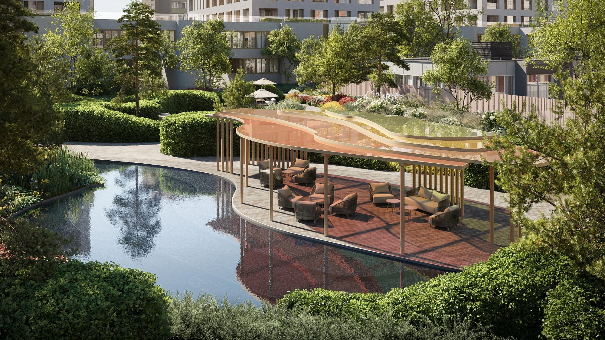 Пейзажный пруд с витражным навесом и террасой для отдыха