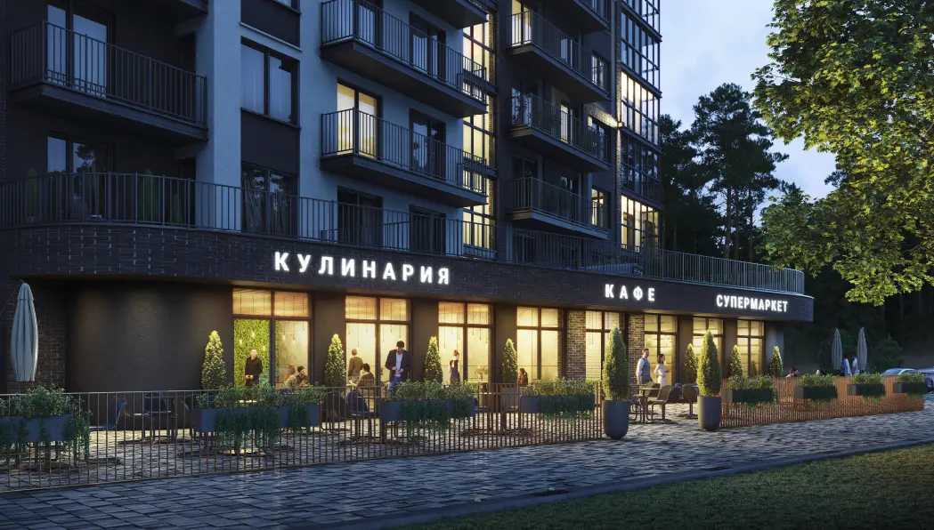 На территории комплекса гастромаркет, кафе, салон красоты