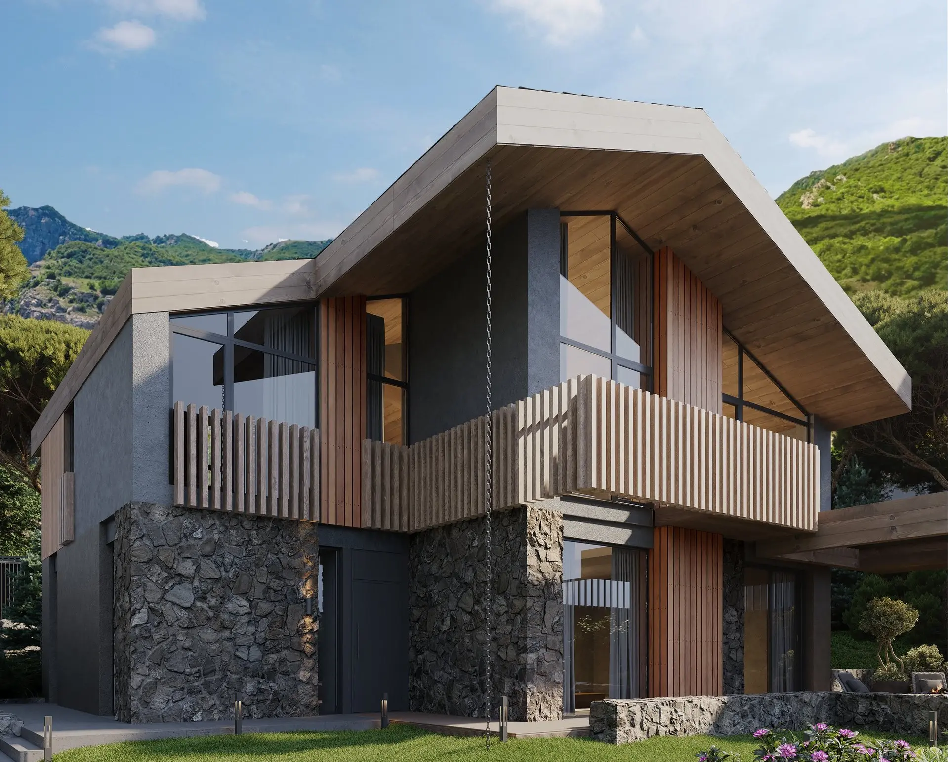 «Шале» из натурального камня и дерева с панорамным остеклением