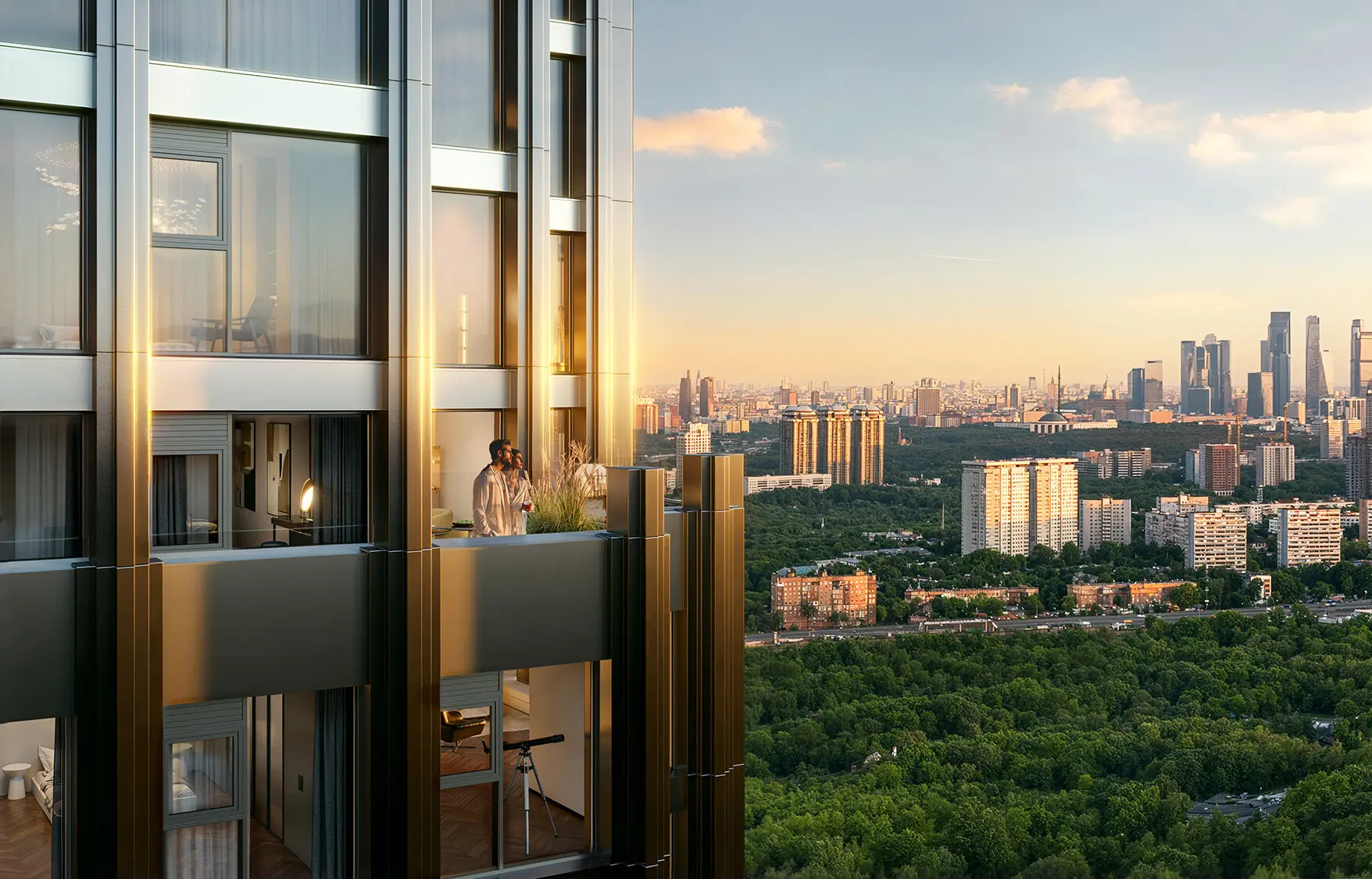 Панорамное остекление от пола до потолка с видами на город и парк