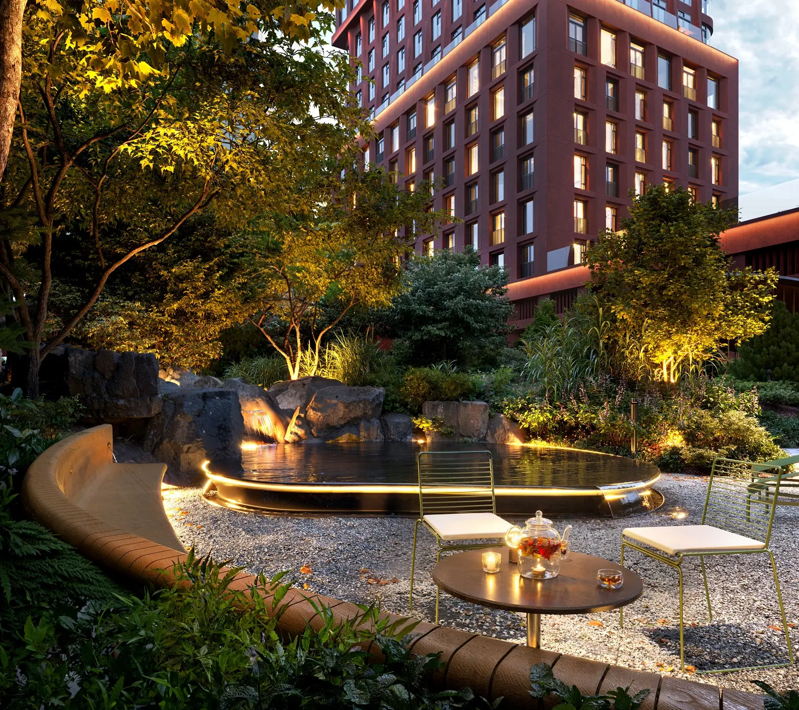 Двор в скандинавском стиле с водоемом