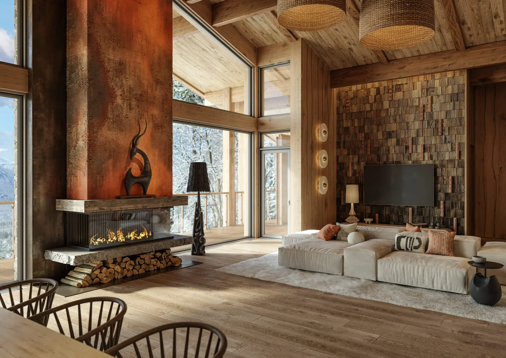 Камин в гостевой и столовой зонах