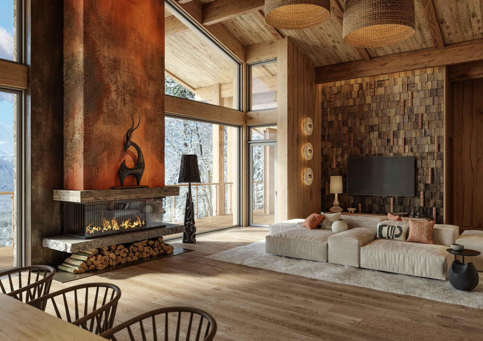 Камин в гостевой и столовой зонах