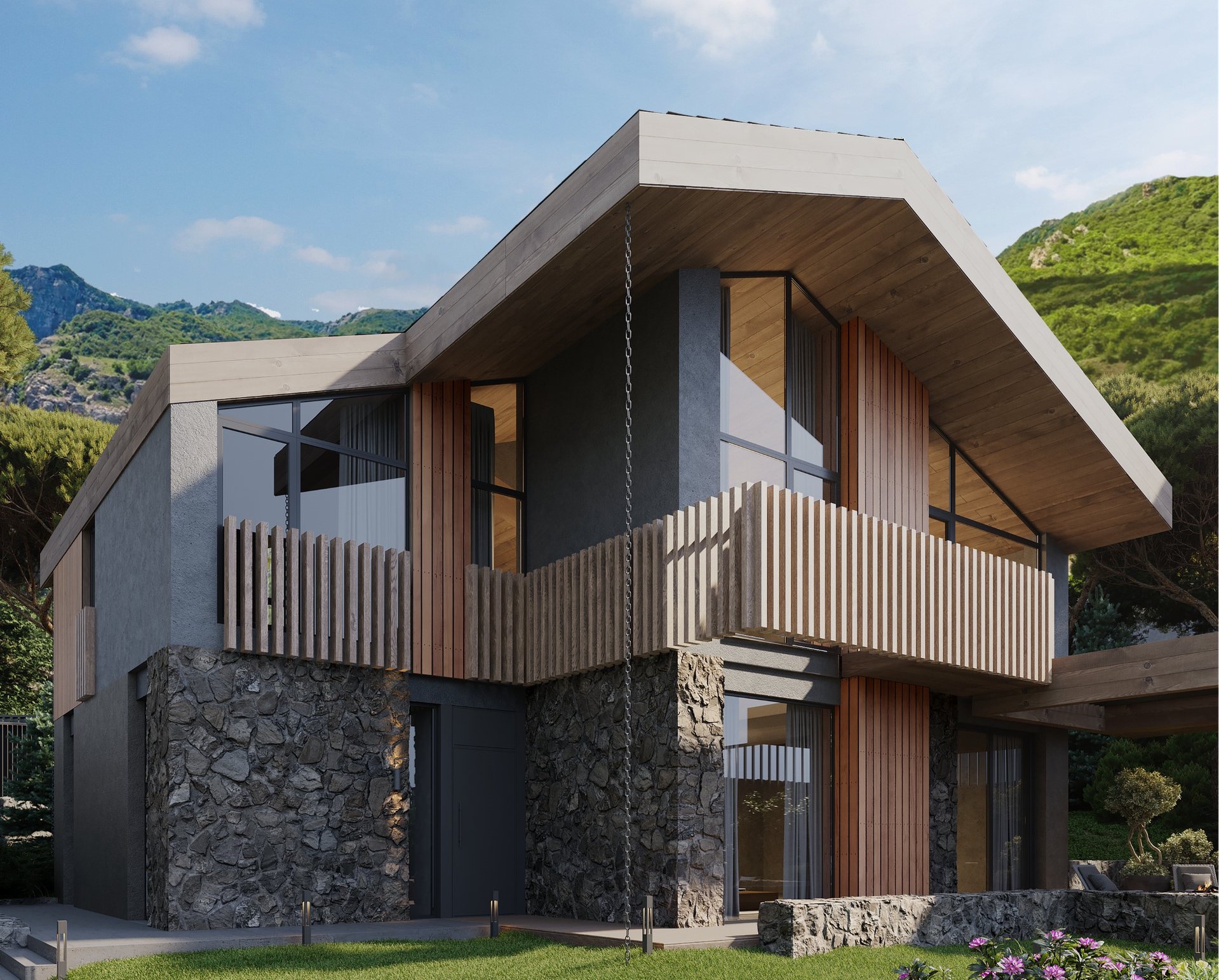 «Шале» из натурального камня и дерева с панорамным остеклением