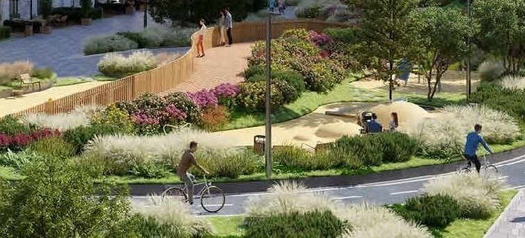 Центральная площадь 1,5 га с выходом на набережную, игровой зоной для детей и уютными места для отдыха